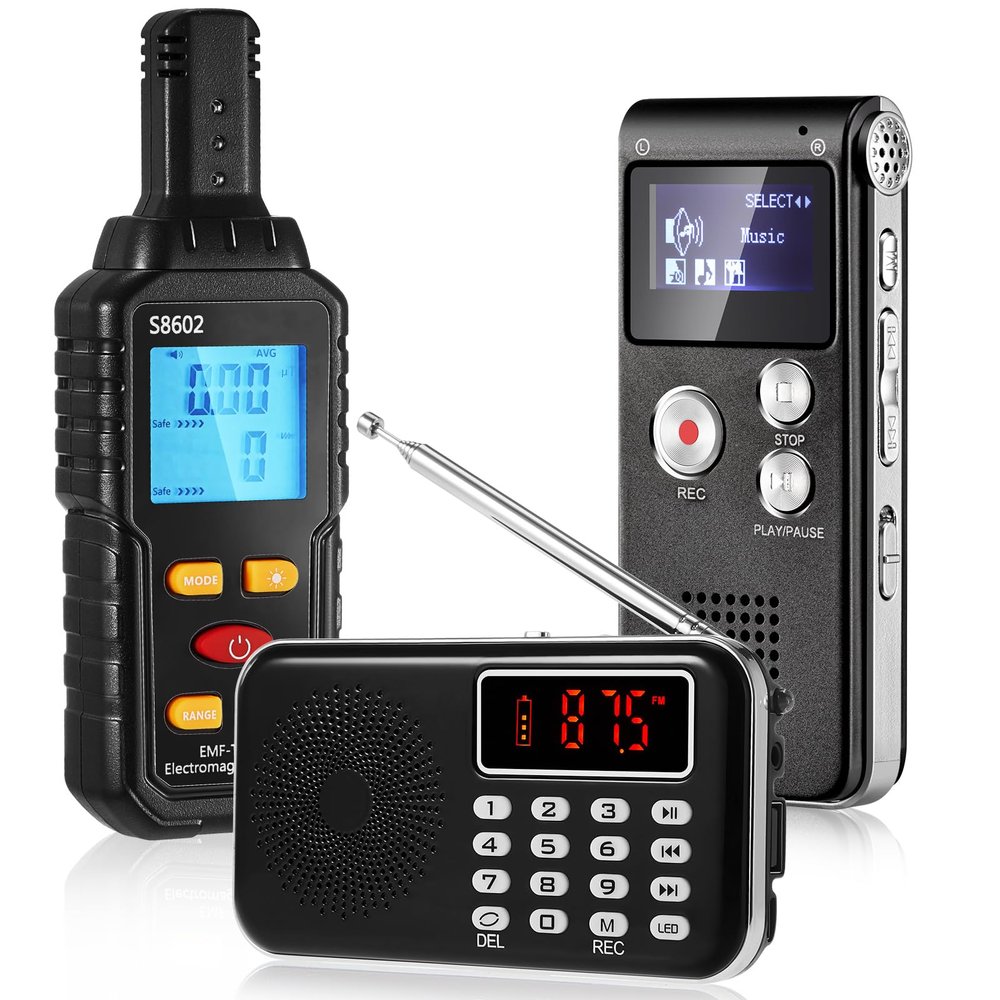 Relaxweex 3 Pcs Ghost Hunting Equipment Kit Includes 1 Pcs 8GB Audio Recorder 1 Pcs Emf Detector Emf Meter Magnetic Field Detector 1 Pcs Fm Radio EVP Recorder for Paranormal Research (Emf Meter1)