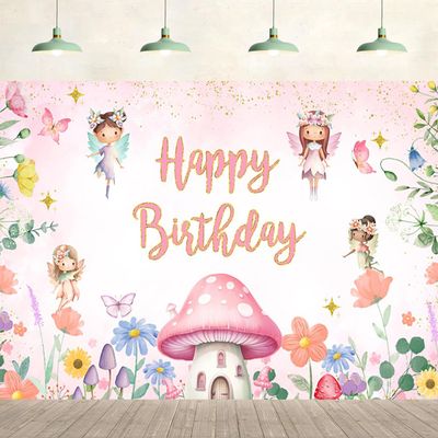 10x8ft Happy Birthday Backdrop Pink Fairy Magic Mushroom House Colorful Wildflowers Background Glitter Pink Girls Birthday Party Supplies Decoration Kids Children Portrait Photo Studio Props