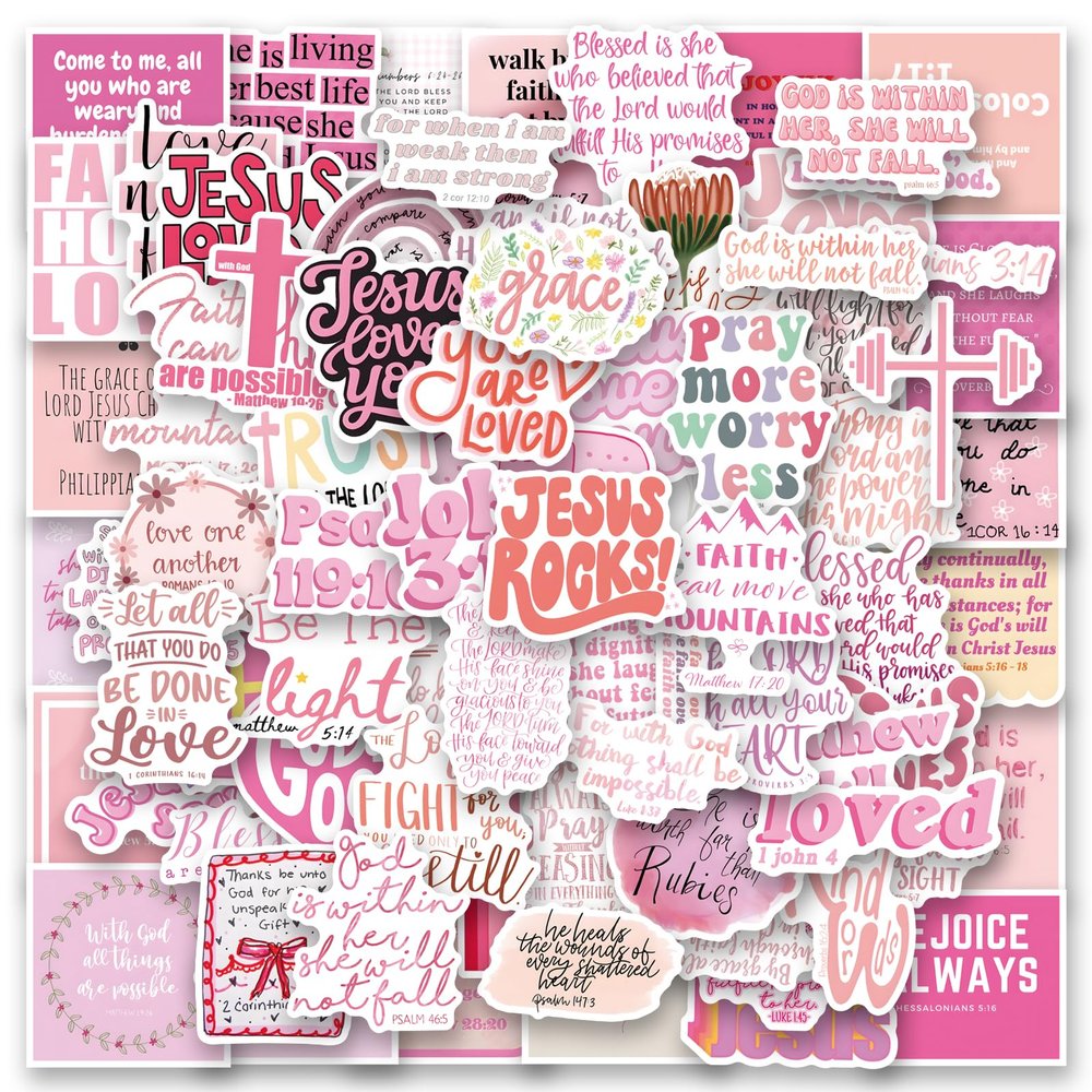 100 PCS Bible Verse Stickers Inspirational Pink Christian Stickers Faith Stickers Bible Scripture Stickers Religious Stickers for Laptop Water Bottle Bumper Luggage Computer Skateboard Snowboard