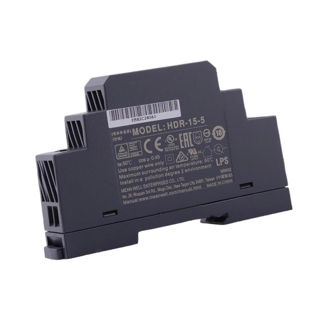 HDR-15-5 15W DIN Rail Mount Single Output 5V DC Power Supply, Ultra Slim Design, Wide Input Voltage, Short Circuit Protection, Plastic Case, Ideal for Industrial and Automation Applications