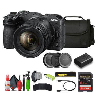 Nikon Z30 Lightweight Mirrorless Camera with 12-28mm Zoom Lens + Soft Case + Cleaning Kit + Memory Card Wallet + Extreme PRO 64GB Card + Card Reader + Hand Strap + 12 Inch Flex Tripod