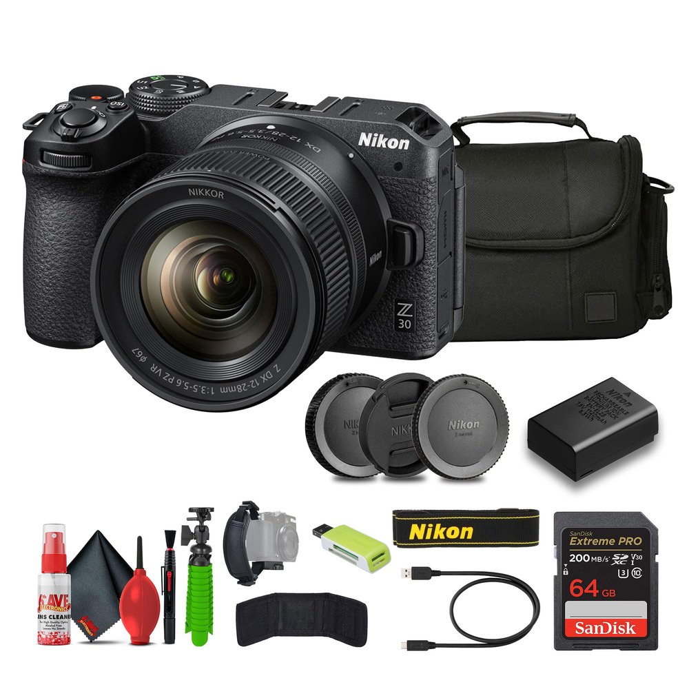 Nikon Z30 Lightweight Mirrorless Camera with 12-28mm Zoom Lens + Soft Case + Cleaning Kit + Memory Card Wallet + Extreme PRO 64GB Card + Card Reader + Hand Strap + 12 Inch Flex Tripod