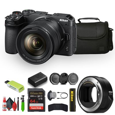 Nikon Z30 Lightweight Mirrorless Camera with 12-28mm Zoom Lens + Memory Card Wallet + Extreme PRO 64GB Card + 12 Inch Flex Tripod + Nikon FTZ II Mount Adapter + More