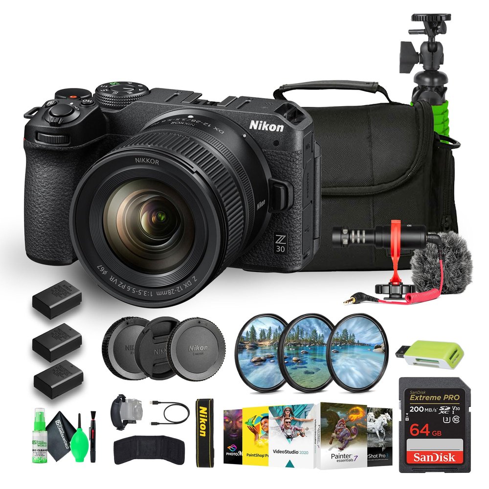 Nikon Z30 Lightweight Mirrorless Camera with 12-28mm Zoom Lens + 2X ENEL25 Replacement + Extreme PRO 64GB Card + UV Lens Filter + 12 Inch Tripod + Photo Editing Software + Mic + More