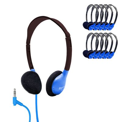 HamiltonBuhl HA2-BLU Personal On-Ear Stereo Headphones 50-Pack Blue, Replaceable Foam Cushions, Adjustable Headband, 5 ft Chew-Resistant Dura-Cord, 3.5mm Stereo Plug
