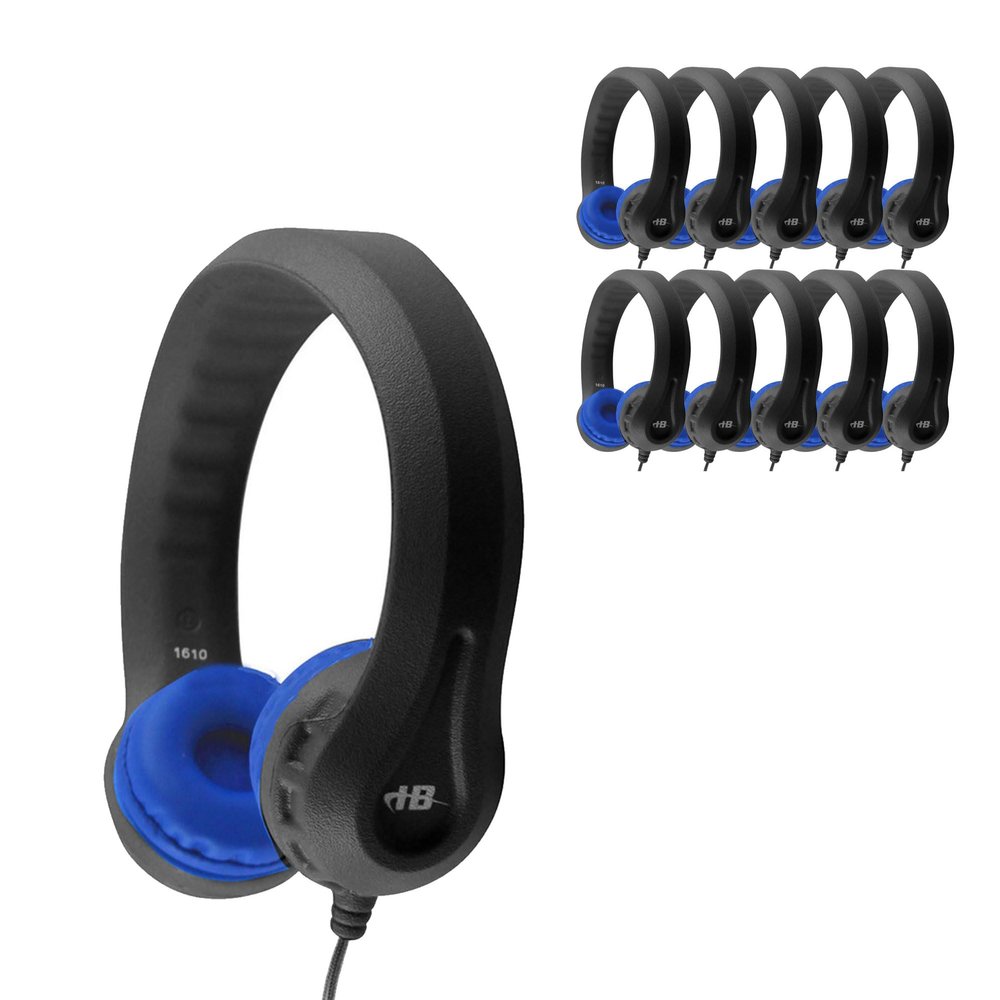 HamiltonBuhl USB-C Flex-Phones Kids Headphones 42-Pack Black w/ Blue Cushions | EVA Foam, Safe 85 dB, Chew-Resistant Cable, Adjustable Fit, Classroom-Ready (KIDS-BBC)