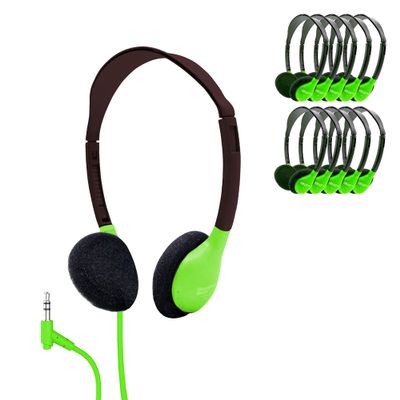 HamiltonBuhl HA2-GRN Personal On-Ear Stereo Headphones 50-Pack  Green, Replaceable Foam Cushions, Adjustable Headband, 5 ft Chew-Resistant Dura-Cord, 3.5mm Stereo Plug