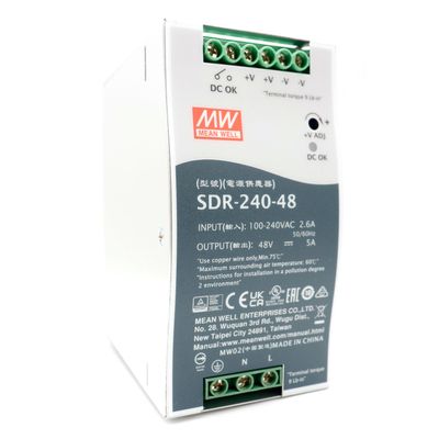 Mean Well SDR-240-48 240W 5A 48VDC Single Output High Efficiency DIN Rail Power Supply with PFC Function for Security System, PoE Application Provided by KAINSC Products