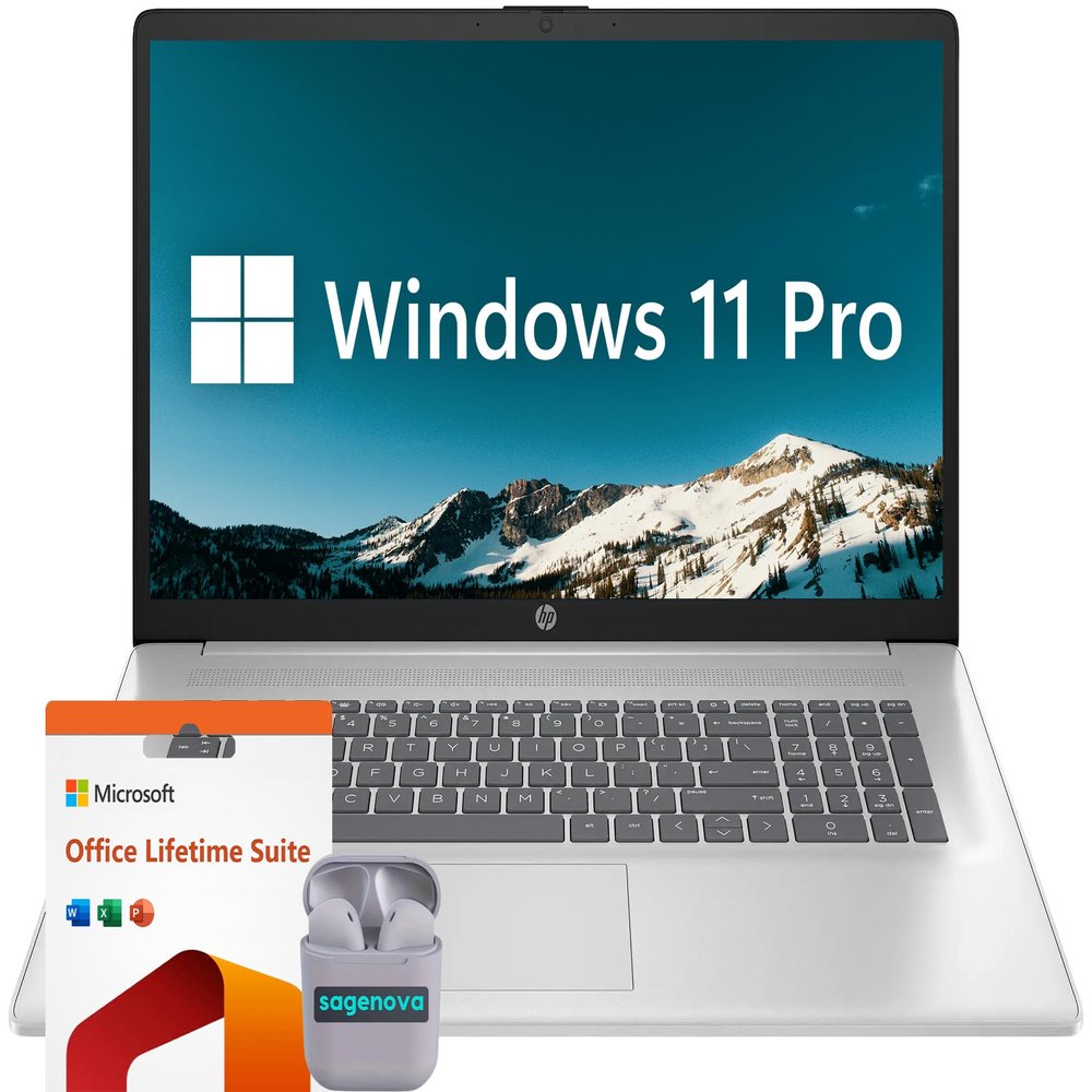HP Business Laptop Computer, 17.3" FHD IPS LED Display, AMD Ryzen 5 7430U Processor, Windows 11 Pro Laptop 32GB RAM 1TB SSD, Microsoft Office Lifetime Suite, SageNova Earphones, Natural Silver