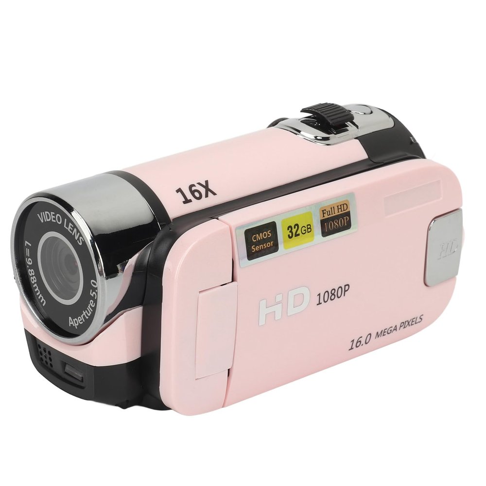 Obetuens D90 1080P 16MP Digital Camera Camcorder with 2.4 Inch Rotatable Screen, 16X Zoom, Fill Light, HD Video Recorder for Vlogging, Photography, Travel, Wedding, and Camping (Pink)