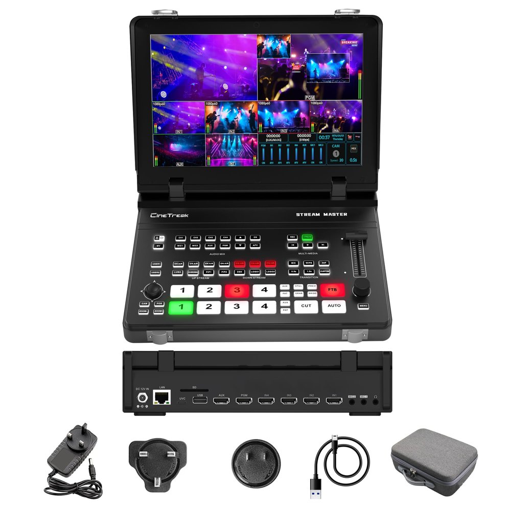 CINETREAK Stream Master 4 HDMI Video Switcher, 10'' Screen, PTZ Control, Dual RTMP Streaming, Recording & Playback Video MixerNDI updatable