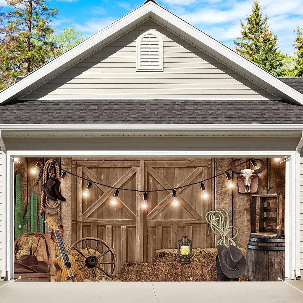 7x16ft Western Cowboy Garage Door Cover Wild West Rustic Wooden Barn Door Haystack Wheels Glitter Outdoor Garage Door Decoration Backdrop Fence Yard Hanging Party Supplies House Decor