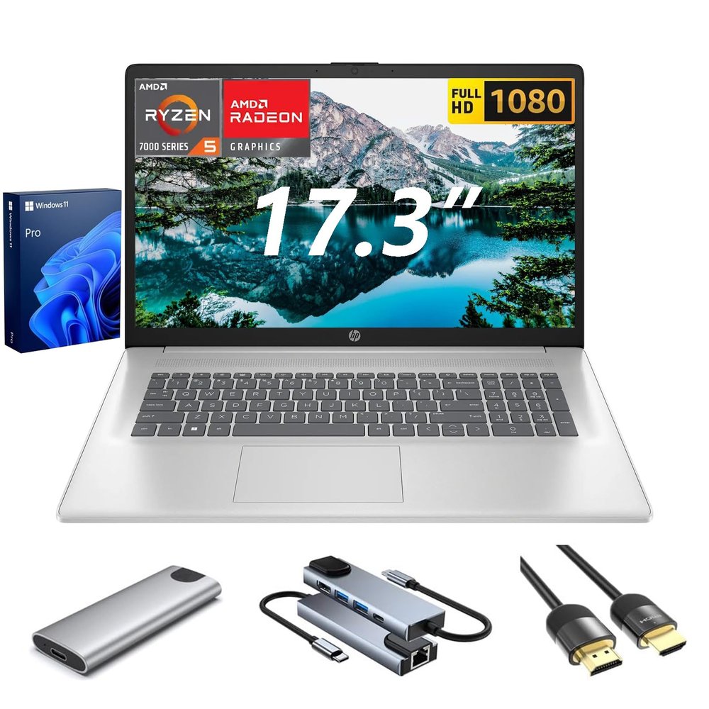 HP 17.3 inch Laptop, FHD Display, 6-Core AMD Ryzen 5 7430U, 32GB RAM, 1TB SSD + 256GB Portable SSD, WiFi6, Webcam, KeyPad, 4K HDMI Cable + 5-in-1 Hub Bundle, Windows 11 Pro