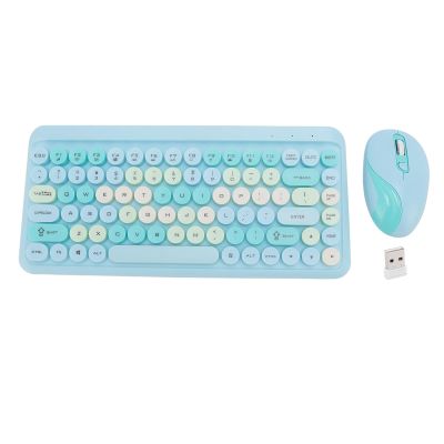 2.4G Cordless Keyboard and Mouse, Retro Round Keycap Design, Portable Low Noise Keyboard and Mouse Set for Home Office, Plug and Play (Misty Blue)