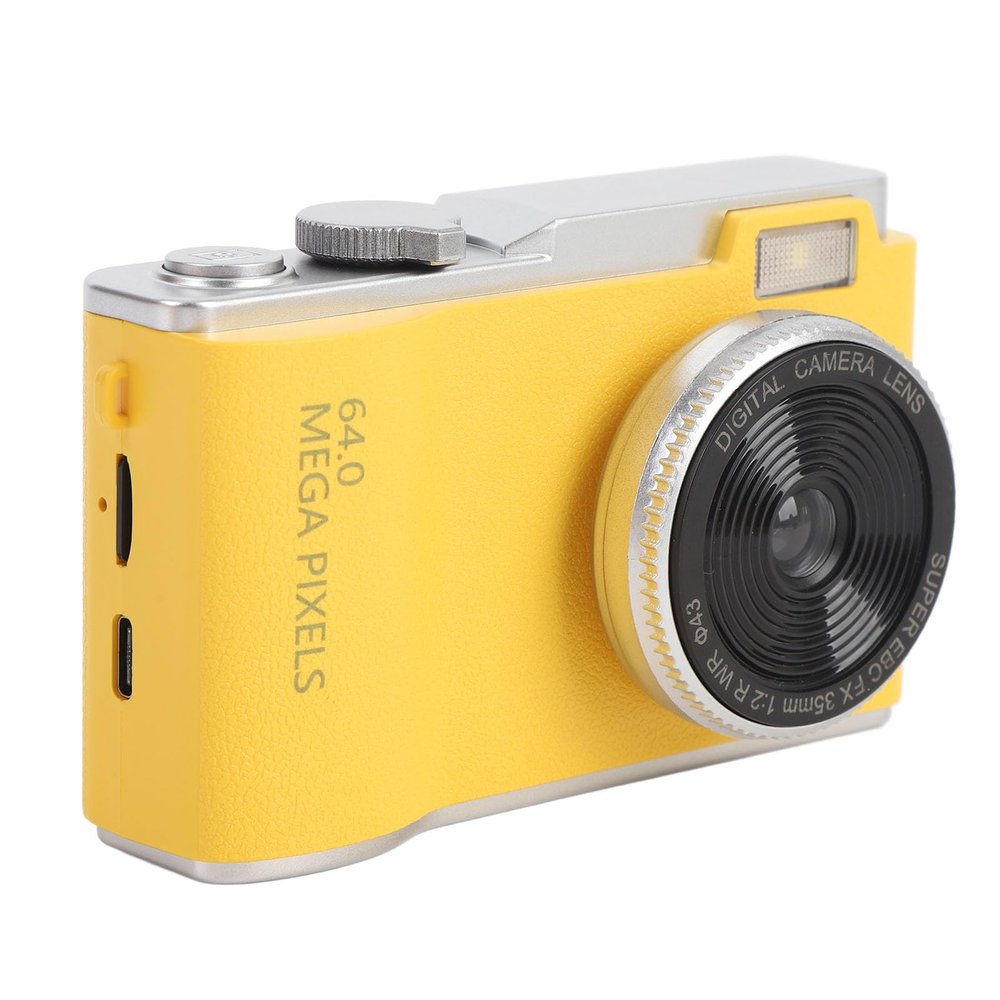 64MP 4K Digital Camera, 2.4 Inch Color Screen, 16x Digital Zoom, Rechargeable Portable CCD Camera with Fill Light, Anti-Vibration, USB C Cable, Yellow