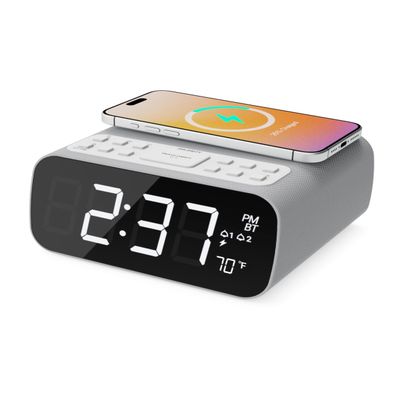 Majority Bluetooth Alarm Clocks with Wireless Charging | Bedside Clock for Bedroom with 10W Power FM Radio | Large Screen Display, Loud Alarm for Heavy Sleepers, and Display Backlit Dimmable Darwin