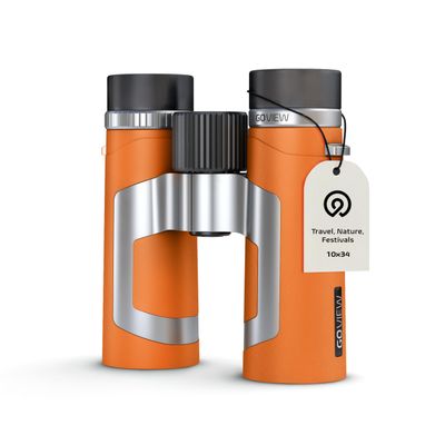 GOVIEW ZOOMR 10x34 Binoculars for Adults Durable & Compact Binoculars w/Smartphone Adapter, Magnesium Housing, Anti-Fog & Multi-Coated Lens for Travel, Nature, Festivals - Sunset Orange