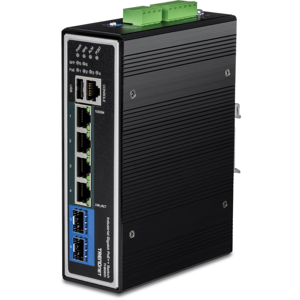 TRENDnet 6-Port Industrial Gigabit L2+ Managed PoE++ DIN Rail Switch, 4 x Gigabit PoE++ Ports, DIN-Rail Mount, 2 x SFP Slots, IP30, VLAN, QoS, LACP,Black, TI-BG62i (Renewed)