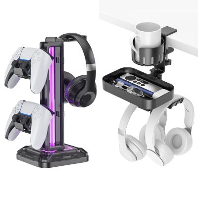 KDD Headset Stand with Light Modes & Rotating Under Desk Organizer with 2 Headphone Hook