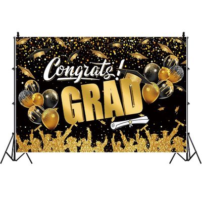 Laeacco Congrats Grad Backdrop 12x8ft Congratulations Grad Graduation Photo Backdrop Black and Gold Bachelor Cap Master Prom Party Supplies Class of 2025 Graduation Party Decorations Photo Studio