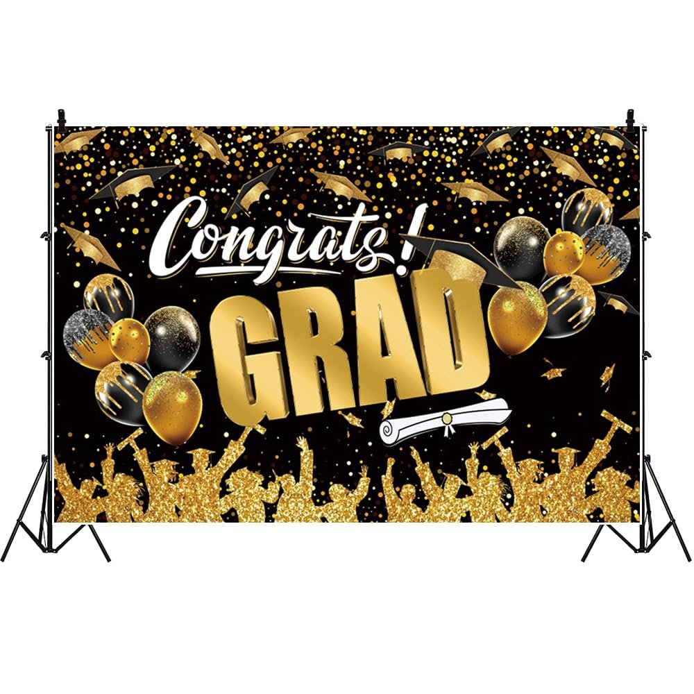 Laeacco Congrats Grad Backdrop 12x8ft Congratulations Grad Graduation Photo Backdrop Black and Gold Bachelor Cap Master Prom Party Supplies Class of 2025 Graduation Party Decorations Photo Studio