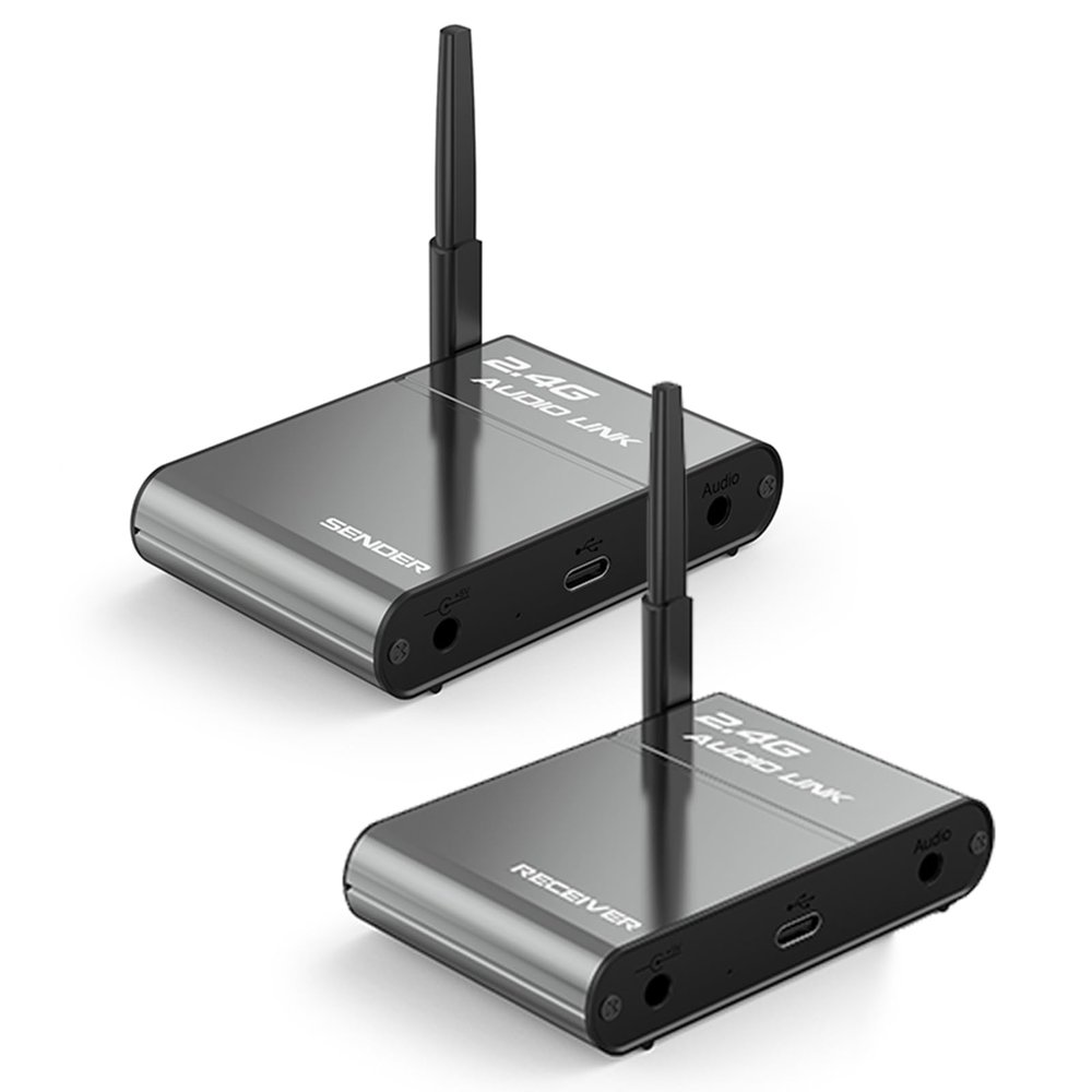 Docooler Wireless Audio Transmitter, 2.4GHz Wireless Audio Receiver Upto 150m Long Distance for TV/PC, 30-50m Indoor, <20ms Low Delay, 48kHz/24bit, Wireless Adapter Kit with RCA(3.5mm) Out/Input