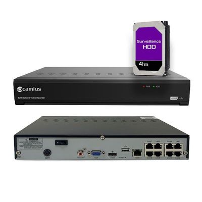Camius 8 Channel PoE NVR Recorder, 4TB, 4K Ultra HD, 128Mbps, AI Person Vehicle Perimeter Intrusion Detection, Plug and Play, No Monthly Fee, PC Mac App Browser Compatible, IP Cameras Not Included