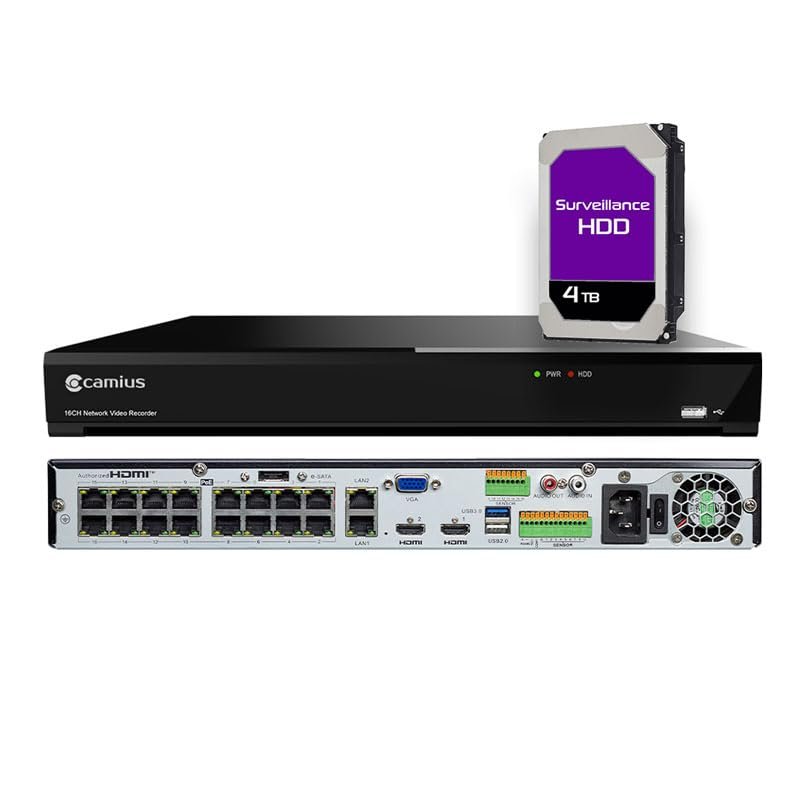 Camius 16 Channel PoE NVR Recorder, 4TB, 4K Ultra HD, 320Mbps, AI Person Vehicle Detection, Dual HDMI, No Monthly Fee, Plug and Play, PC Mac App Compatible, IP Cameras Not Included