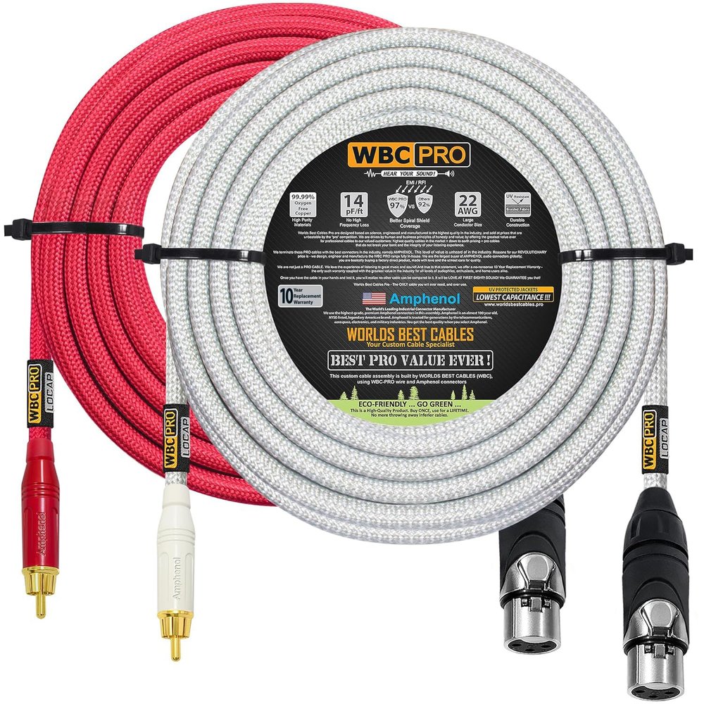 18 Foot RCA to XLR (Female) Cable Pair - WBC-PRO-LOCAP Low-Capacitance (14pF/ft) 22 AWG Ultra-Silent Audiophile & Pro-Grade Audio Interconnect Cable - Amphenol Plugs & Red & Silver Tweed Jackets