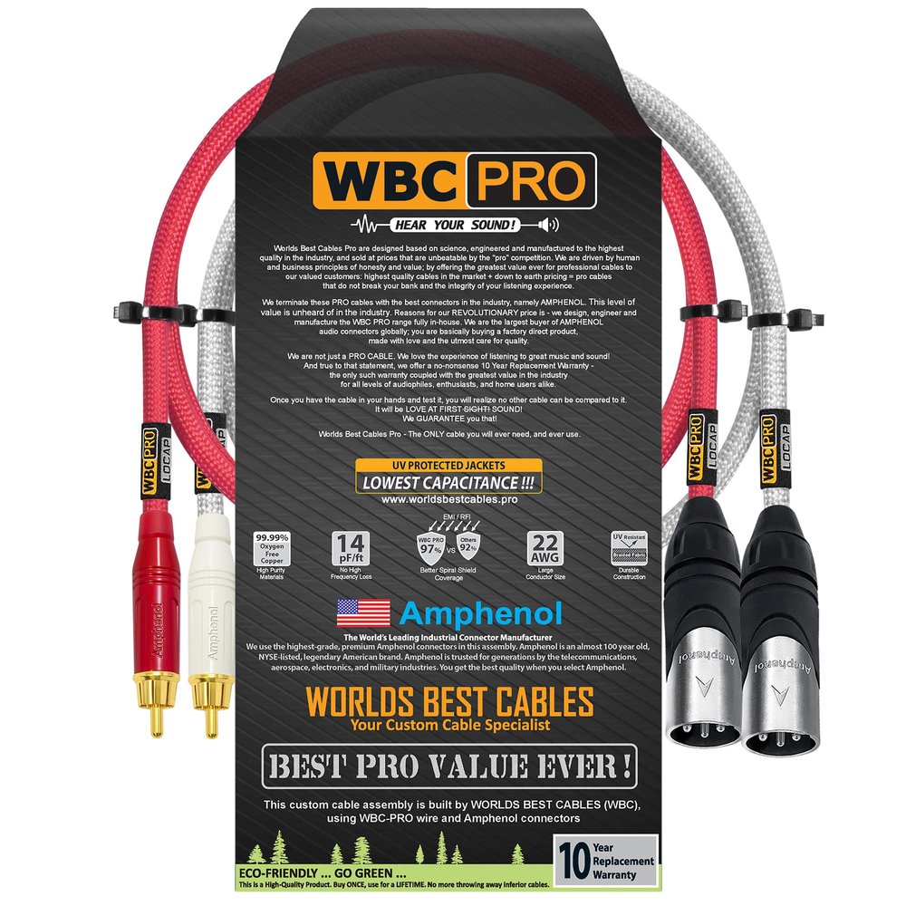 1 Foot RCA to XLR (Male) Cable Pair - WBC-PRO-LOCAP Low-Capacitance (14pF/ft) 22 AWG Ultra-Silent Audiophile & Pro-Grade Audio Interconnect Cable - Amphenol Plugs & Red & Silver Tweed Jackets