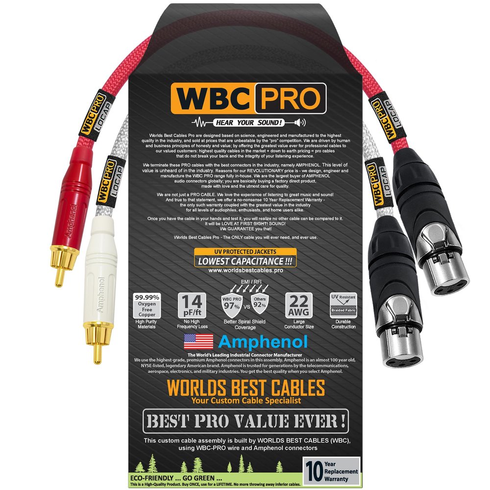 0.5 Foot RCA to XLR (Female) Cable Pair - WBC-PRO-LOCAP Low-Capacitance (14pF/ft) 22 AWG Ultra-Silent Audiophile & Pro-Grade Audio Interconnect Cable - Amphenol Plugs & Red & Silver Tweed Jackets
