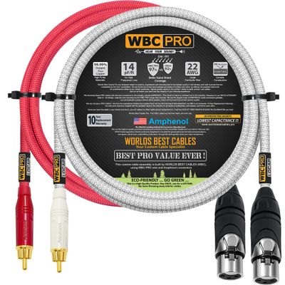 6 Foot RCA to XLR (Female) Cable Pair - WBC-PRO-LOCAP Low-Capacitance (14pF/ft) 22 AWG Ultra-Silent Audiophile & Pro-Grade Audio Interconnect Cable - Amphenol Plugs & Red & Silver Tweed Jackets