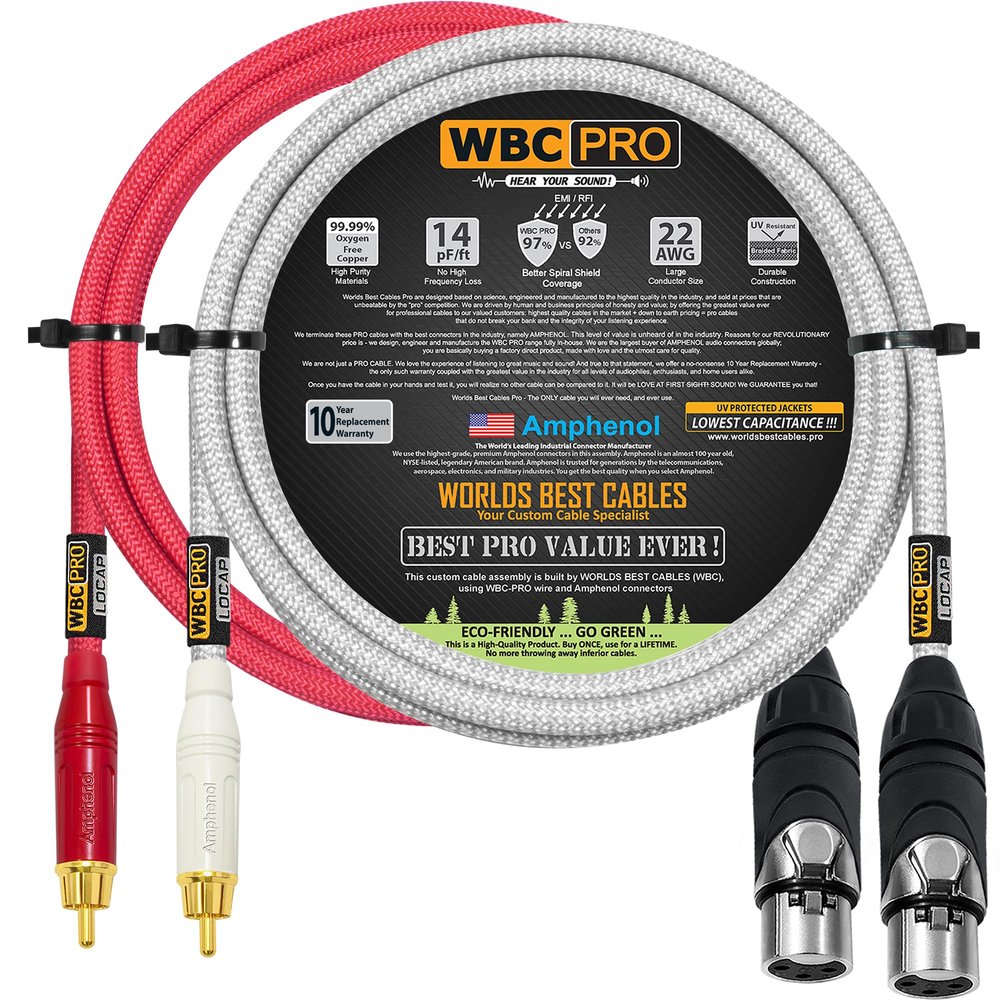 6 Foot RCA to XLR (Female) Cable Pair - WBC-PRO-LOCAP Low-Capacitance (14pF/ft) 22 AWG Ultra-Silent Audiophile & Pro-Grade Audio Interconnect Cable - Amphenol Plugs & Red & Silver Tweed Jackets