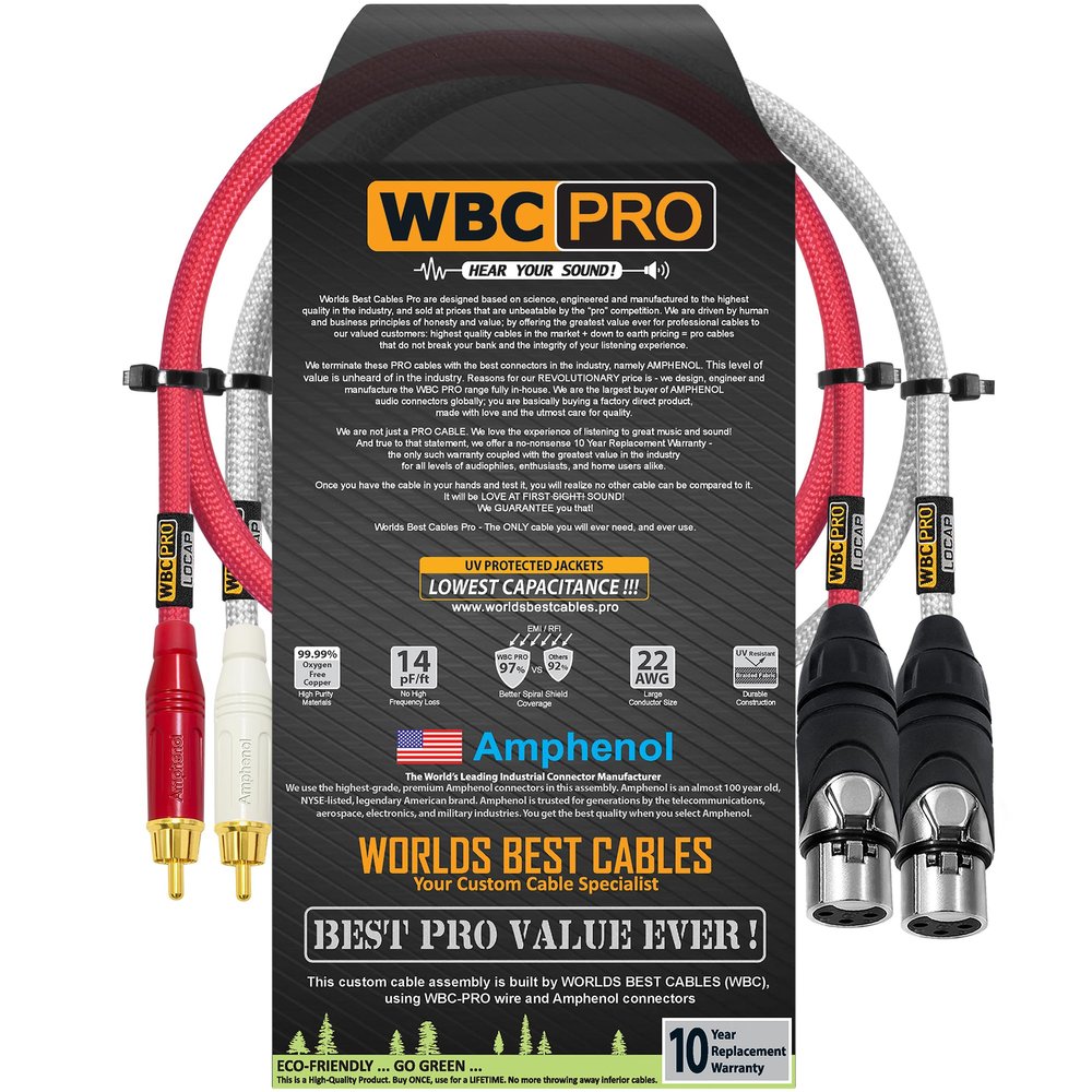 1 Foot RCA to XLR (Female) Cable Pair - WBC-PRO-LOCAP Low-Capacitance (14pF/ft) 22 AWG Ultra-Silent Audiophile & Pro-Grade Audio Interconnect Cable - Amphenol Plugs & Red & Silver Tweed Jackets