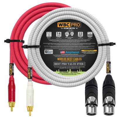 15 Foot RCA to XLR (Female) Cable Pair - WBC-PRO-LOCAP Low-Capacitance (14pF/ft) 22 AWG Ultra-Silent Audiophile & Pro-Grade Audio Interconnect Cable - Amphenol Plugs & Red & Silver Tweed Jackets