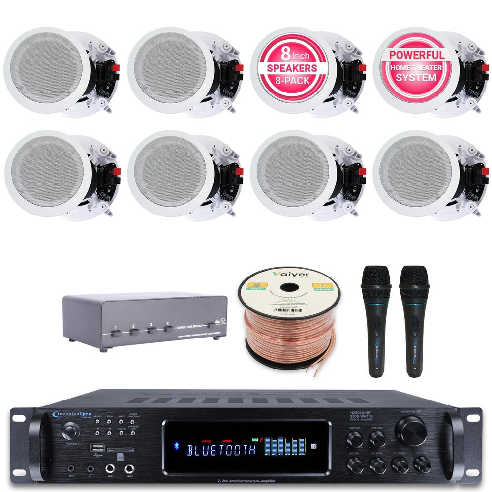 Vaiyer Home Stereo System Kit - 7.2 Channel 1500W Bluetooth Amplifier w/ 8 Qty of 6.5" Ceiling Speakers 200W Each, 4-Ch Speaker Selector, 2 Qty of Mic, 250 ft Speaker Wire & Remote
