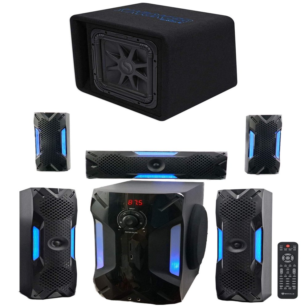 Kicker Bundle: 44VL7S122 12" 1500w L7 Solo-Baric L7S Loaded Ported Sub Enclosure Box Bundle with Rockville HTS56 1000w 5.1 Channel Home Theater System/Bluetooth/USB+8" Subwoofer (2 Items)