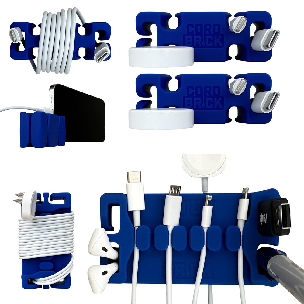 CordBrick/DeskBrick Bundle Weighted Cord Holders for Nightstand & Desk - Phone Charger Cable Management Travel, Phone Accessory, Stocking Stuffer - Gift for Home, Office - Blue