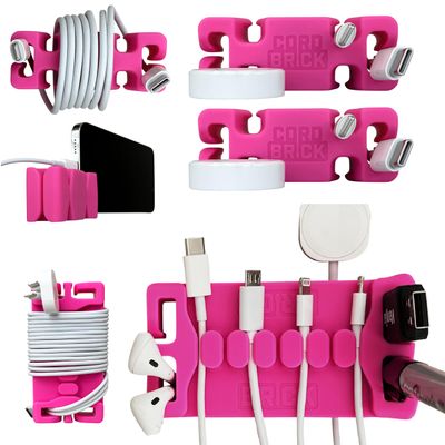 CordBrick/DeskBrick Bundle Weighted Cord Holders for Nightstand & Desk - Phone Charger Cable Management Travel, Phone Accessory, Stocking Stuffer - Gift for Home, Office - Pink