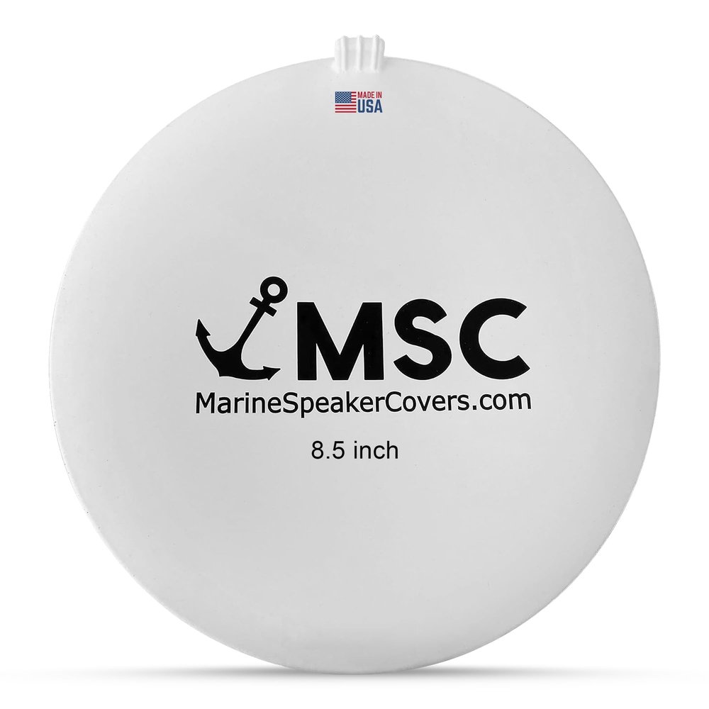 8.5" Marine Speaker Cover Boat Speaker Protector with Sun, Water, Dust, UV Protection, Military-Grade Silicone Design, White Case with Black Logo, Sold as Pair (215mm)