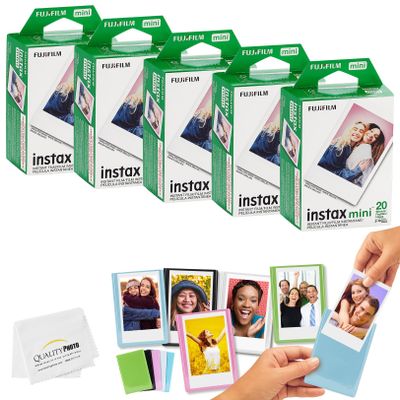 Fujifilm Mini Instax Films + Colored Magnet Photo Frames + Quality Photo Microfiber Cloth (100 Prints)