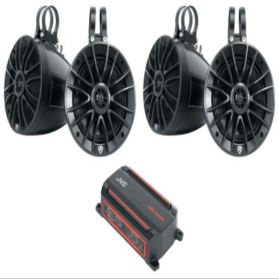 Audiosavings Bundle: KS-DR2004D 600w 4-Channel Marine Amplifier ATV/UTV/Classic Car Class-D Amp Bundle with (2) Rockville UT65B UTV/ATV 6.5" Rollbar Wakeboard Marine Speakers/Swivel Mount (3 Items)