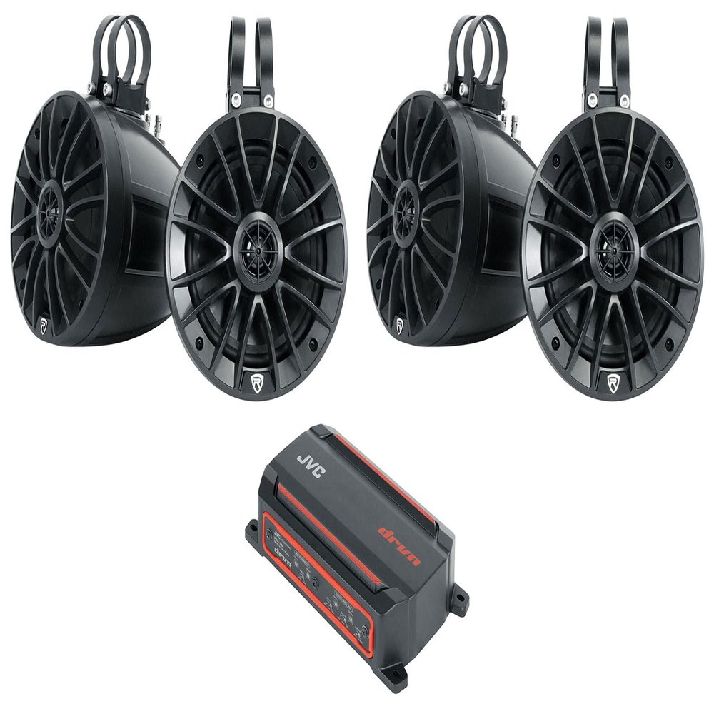 Audiosavings Bundle: KS-DR2004D 600w 4-Channel Marine Amplifier ATV/UTV/Classic Car Class-D Amp Bundle with (2) Rockville UT65B UTV/ATV 6.5" Rollbar Wakeboard Marine Speakers/Swivel Mount (3 Items)