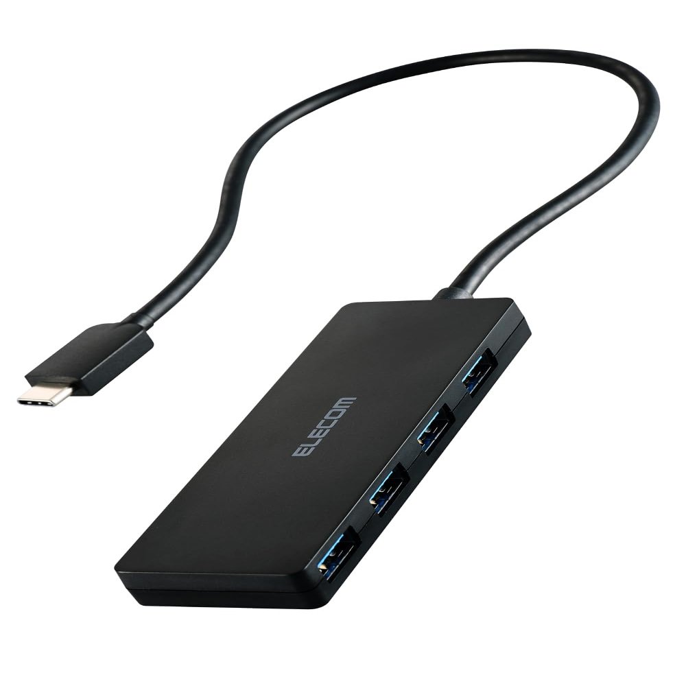 Elecom U3HC-H041BK USB 3.2 (Gen1) USB Hub, 5Gbps USB-C Connection, 4 Ports, Bus Power, 11.8 inches (30 cm), Cable, Black