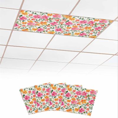 4 PCS Fluorescent Light Covers - Spring Colorful Blossom Flower Magnetic Light Filters for Ceiling Light,Watercolor Botanical Floral Light Shade Panel for Office Classroom Home Decor,4 x 2 Feet