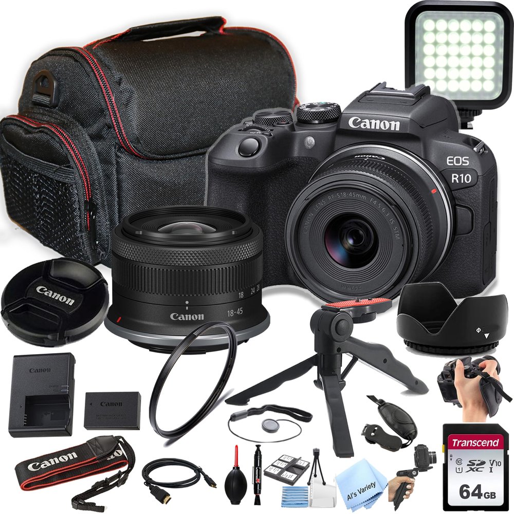 Canon EOS R10 24.2MP APS-C CMOS Sensor Mirrorless Camera with 18-45mm Lens + 64GB Memory, LED Video Light, Case, Gripster Tripod, and More (Essential Bundle) (Renewed)