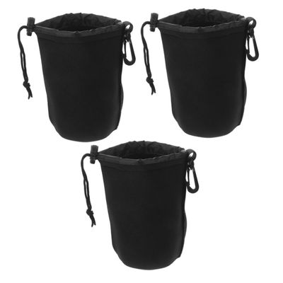 BRIGHTFUFU 3pcs Compact Camera Lens Case Drawstring Storage Bag for Dslr Lenses Travel Lens Protector with Carabiner Outdoor Photography Accessories