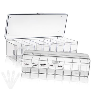 SECFOU 2pcs Cord Organizer Box Labels and Cable Ties Wire Storage for Data Cables Headphones and Accessories Compact and Portable Design