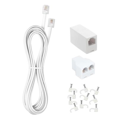 Long Telephone Extension Cord 10 FT, White, Phone Cable Line Wire with Standard RJ11 Plug, 1 Phone Line Splitter, 1 in-line Coupler and 10 Cable Clips for Telephone Calling Communication