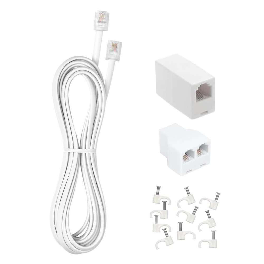 Long Telephone Extension Cord 10 FT, White, Phone Cable Line Wire with Standard RJ11 Plug, 1 Phone Line Splitter, 1 in-line Coupler and 10 Cable Clips for Telephone Calling Communication